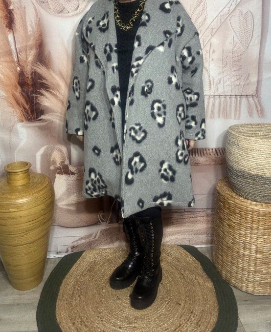 Manteau mi-long oversize polaire gris perle et Léopard du 42 au 52/54 et même +