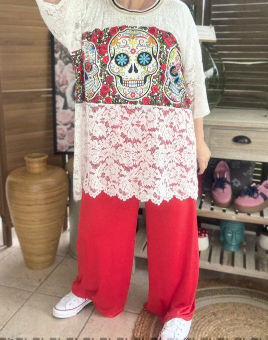 Tunique ample dentelle blanche Mexican Skulls Calaveras du 40 au 50/52  