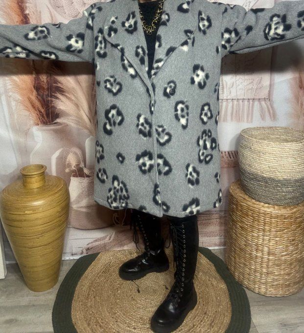 Manteau mi-long oversize polaire gris perle et Léopard du 42 au 52/54 et même +