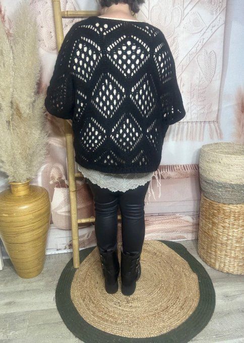 Pull asymétrique ample SANS LAINE maille crochet Bohème noir douceur ++ du 40 au 52