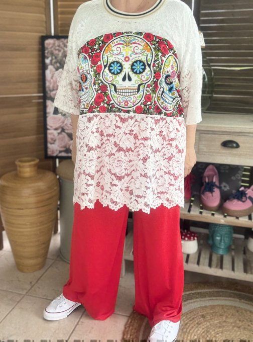 Tunique ample dentelle blanche Mexican Skulls Calaveras du 40 au 50/52  