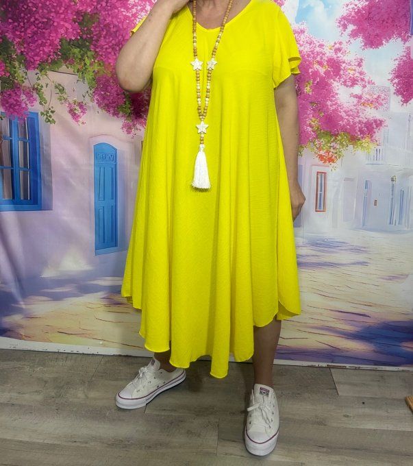 Robe trapèze mi-longue jaune citron manches courtes volantées douceur ++++ du 38 au 50
