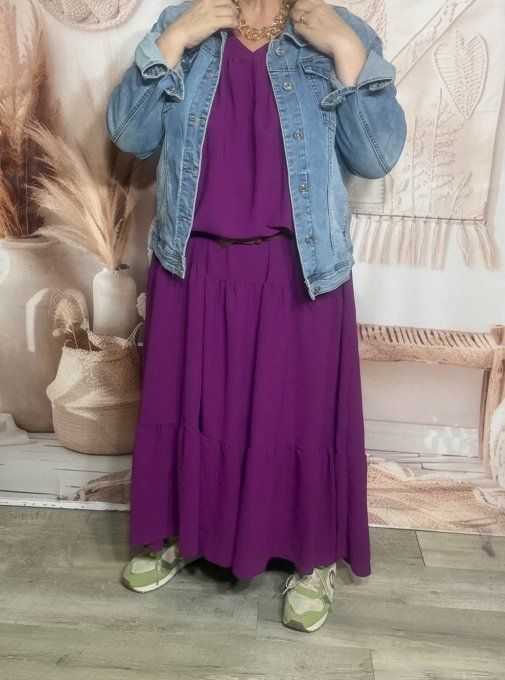 Robe trapèze longue Aubergine Col V manches longues élastiquées du 42 au 54/56 