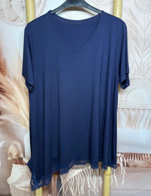 Top ample asymétrique marine manches courtes & dentelle en bas douceur +++ du 40 au 52/54