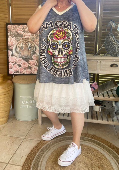 Top débardeur trapèze effet jeans délavé Mexican Skulls Calaveras du 40 au 52 