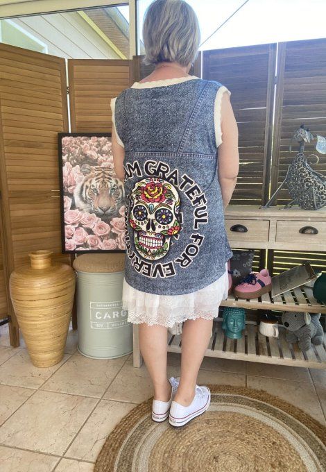 Top débardeur trapèze effet jeans délavé Mexican Skulls Calaveras du 40 au 52 