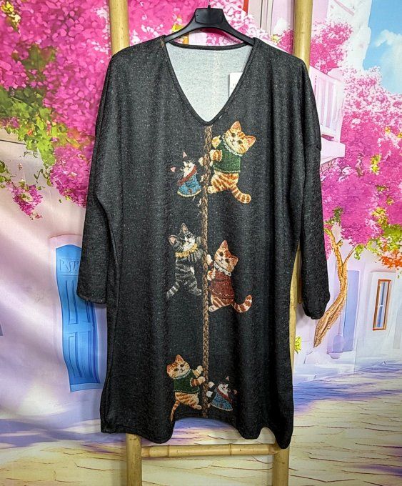 Robe courte ou Maxi-tunique gris chiné + Tour de cou Les Petits Chats Douceur +++ du 38 au 48