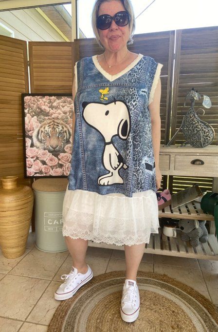 Top débardeur trapèze effet jeans délavé Snoopy & Woodstock du 40 au 52   