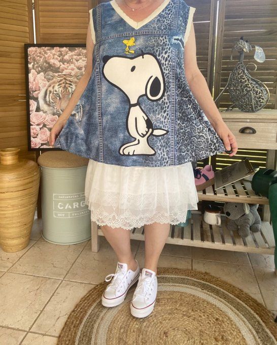 Top débardeur trapèze effet jeans délavé Snoopy & Woodstock du 40 au 52   