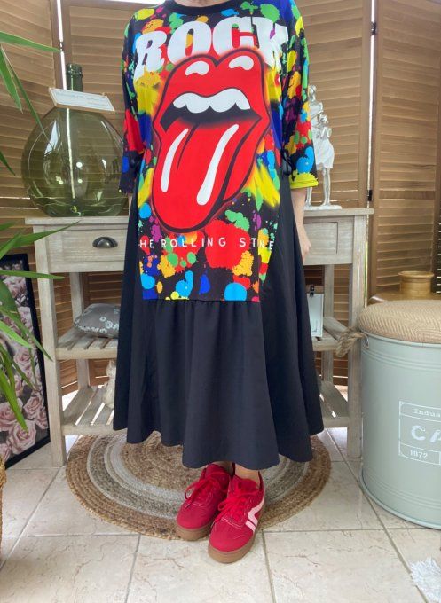 Robe trapèze longue ample noire taille ajustable Rolling Stones Rock du 38 au 50 