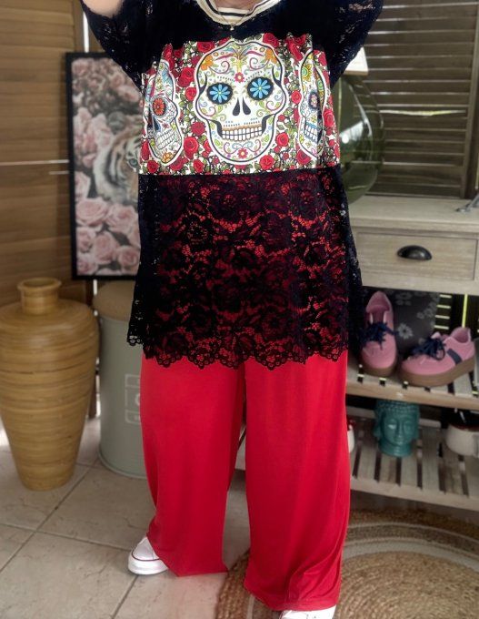 Top tunique ample dentelle noire Mexican Skulls Calaveras du 40 au 50/52