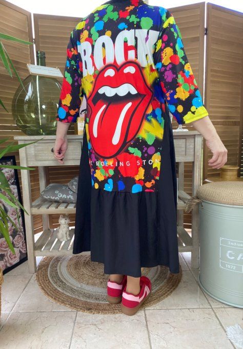 Robe trapèze longue ample noire taille ajustable Rolling Stones Rock du 38 au 50 