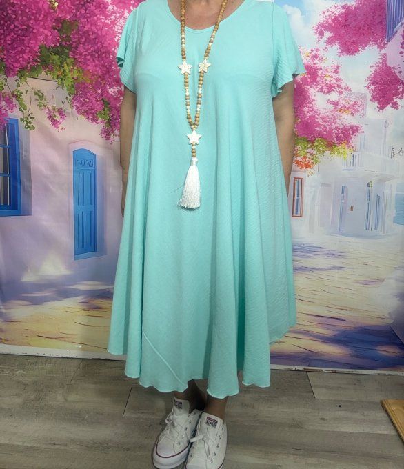 Robe trapèze mi-longue vert d'eau manches courtes volantées douceur ++++ du 38 au 50