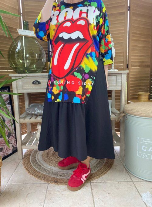 Robe trapèze longue ample noire taille ajustable Rolling Stones Rock du 38 au 50 