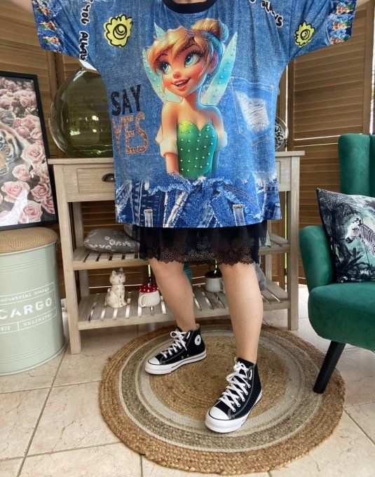 Top effet jeans Tinkerbell La Fée Clochette  Strass et perles en relief du 40 au 50/52