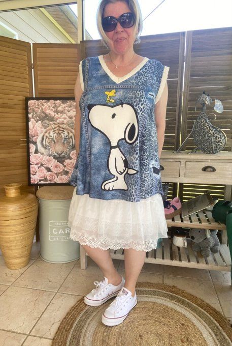 Top débardeur trapèze effet jeans délavé Snoopy & Woodstock du 40 au 52   