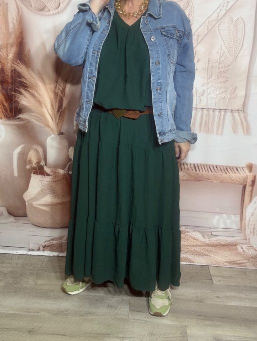 Robe trapèze longue vert bouteille Col V manches longues élastiquées du 42 au 54/56