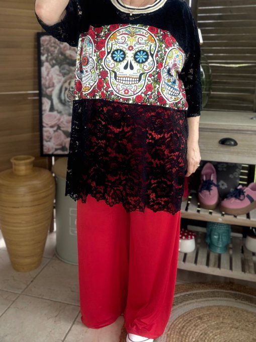 Top tunique ample dentelle noire Mexican Skulls Calaveras du 40 au 50/52