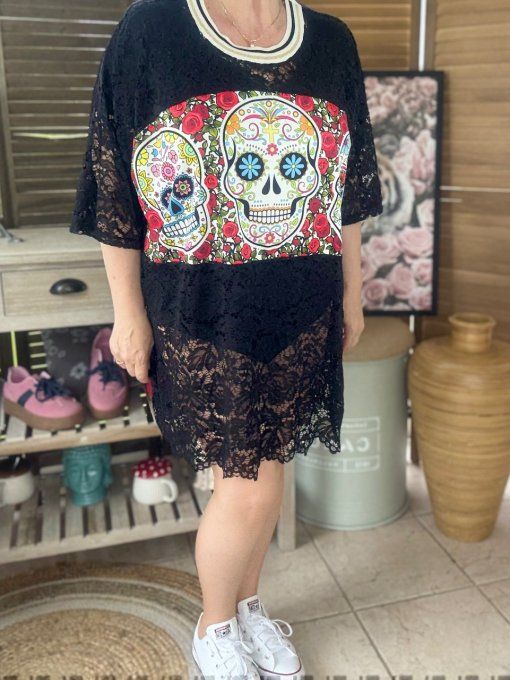 Top tunique ample dentelle noire Mexican Skulls Calaveras du 40 au 50/52