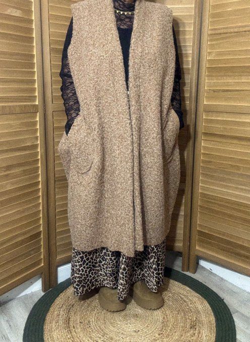 gilet long sans manches ample bouclette camel chiné du 40 au 52