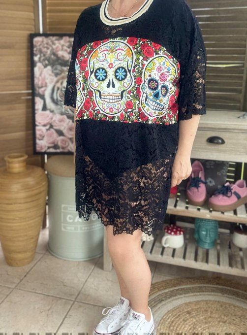 Top tunique ample dentelle noire Mexican Skulls Calaveras du 40 au 50/52