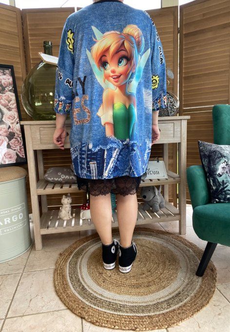 Top effet jeans Tinkerbell La Fée Clochette  Strass et perles en relief du 40 au 50/52