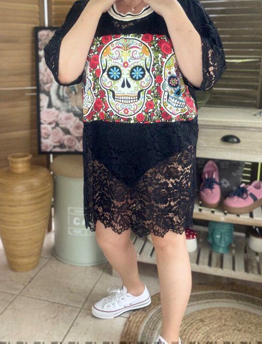 Top tunique ample dentelle noire Mexican Skulls Calaveras du 40 au 50/52
