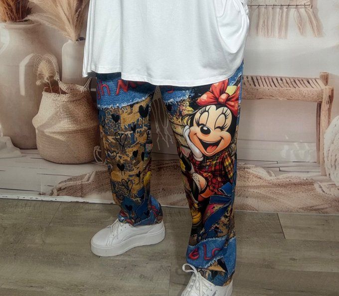 Pantalon Palazzo effet jeans et camel Minnie Disney LOL stretch ++++ du 40 au 50/52