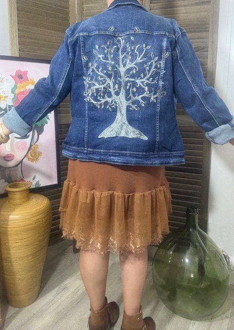 Veste en jeans brodée L'Arbre de Vie strass sequins Stretch ++++ du 42/44 au 48/50