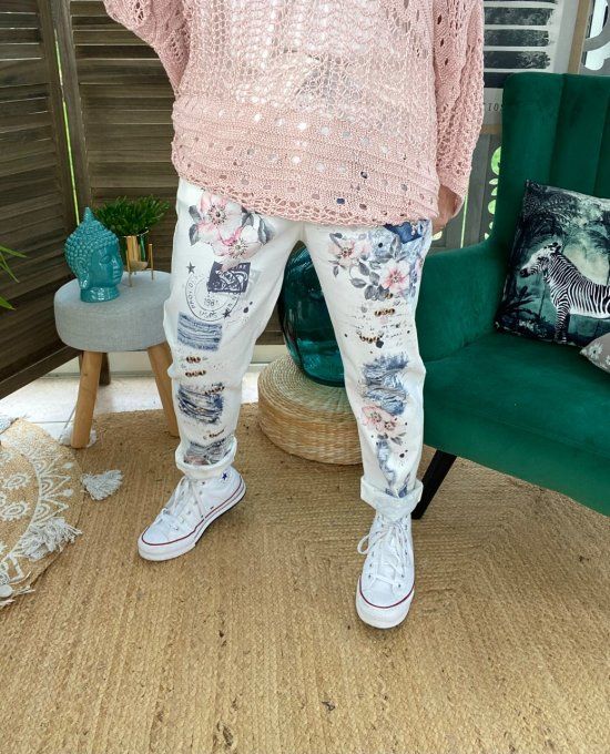 panta jogg (pantalon magique) effet jeans roses perles extensible confort ++++ du 38 au 46