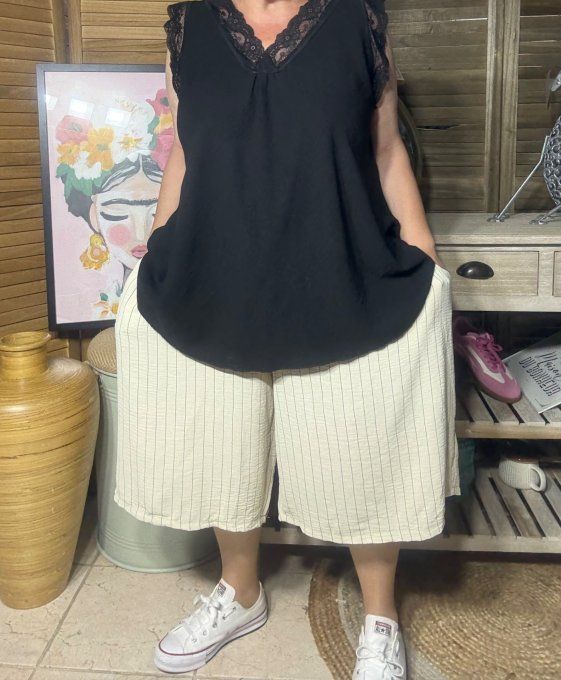 Short long / bermuda beige fines rayures + ceinture confort ++++ du 42 au 52/54 