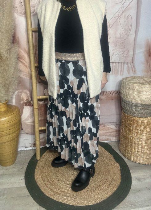 Jupe longue plissée bulles noires beiges crèmes grises ceinture dorée du 38 au 50 