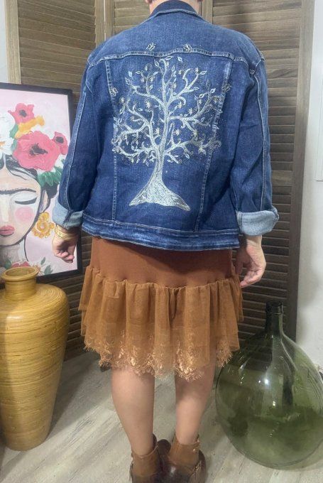 Veste en jeans brodée L'Arbre de Vie strass sequins Stretch ++++ du 42/44 au 48/50