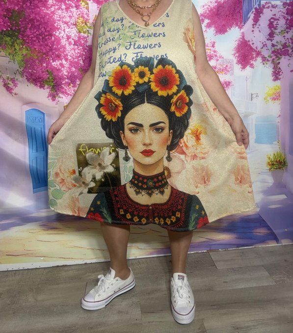 Robe débardeur trapèze courte Lurex pailleté doré Moderne Frida Kahlo aux fleurs du 40 au 52/54