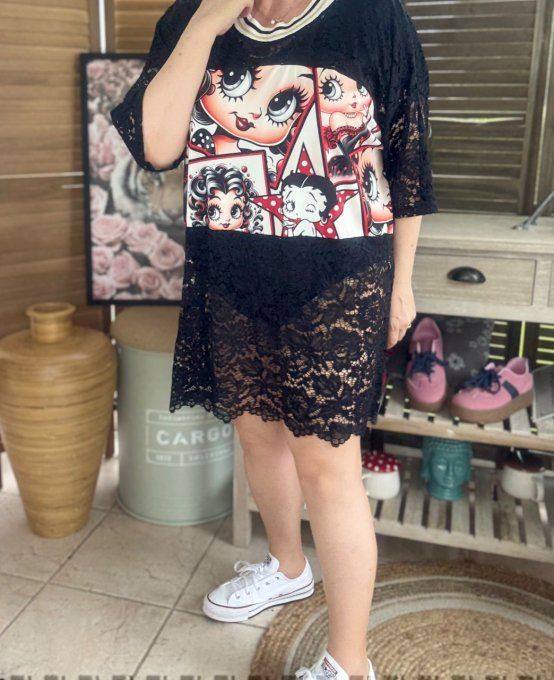 Tunique ample dentelle noire Pretty Betty Boop  du 40 au 50/52 