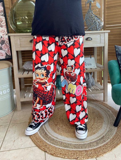 pantalon boule Coeurs rouges blancs Betty Boop Perles + Strass argentés  du 40 au 50/52