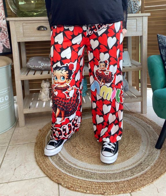 pantalon boule Coeurs rouges blancs Betty Boop Perles + Strass argentés  du 40 au 50/52