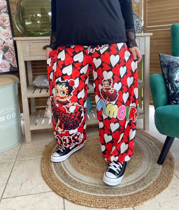pantalon boule Coeurs rouges blancs Betty Boop Perles + Strass argentés  du 40 au 50/52