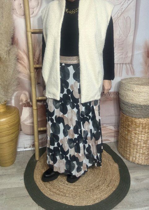 Jupe longue plissée bulles noires beiges crèmes grises ceinture dorée du 38 au 50 