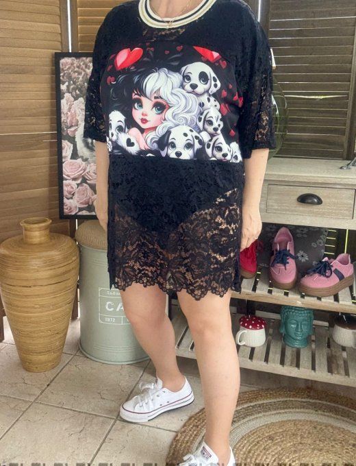 Tunique ample dentelle noire Cruella et les Dalmatiens du 40 au 50/52 