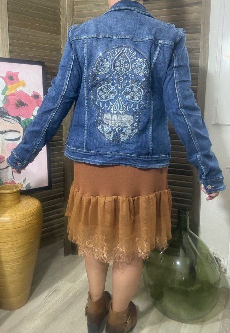 Veste en jeans brodée Mexican Skulls Calavera strass sequins Stretch ++++ du 42/44 au 48/50 