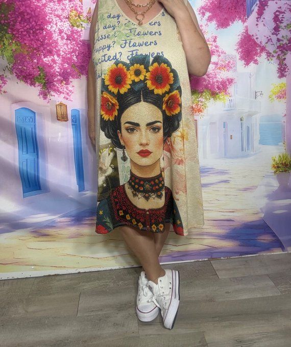 Robe débardeur trapèze courte Lurex pailleté doré Moderne Frida Kahlo aux fleurs du 40 au 52/54