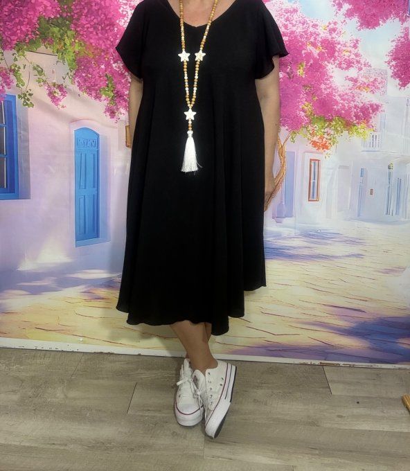 Robe trapèze mi-longue noire manches courtes volantées douceur ++++ du 38 au 50