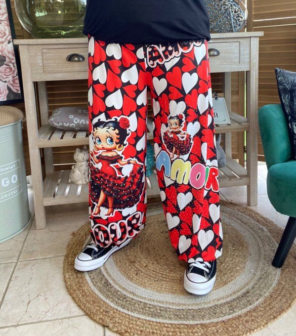 pantalon boule Coeurs rouges blancs Betty Boop Perles + Strass argentés  du 40 au 50/52