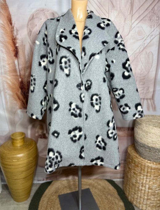 Manteau mi-long oversize polaire gris perle et Léopard du 42 au 52/54 et même +