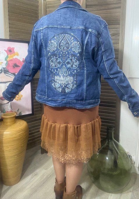 Veste en jeans brodée Mexican Skulls Calavera strass sequins Stretch ++++ du 42/44 au 48/50 