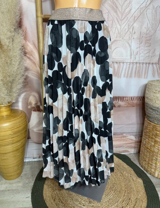 Jupe longue plissée bulles noires beiges crèmes grises ceinture dorée du 38 au 50 
