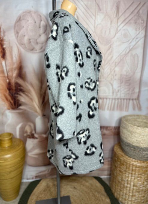 Manteau mi-long oversize polaire gris perle et Léopard du 42 au 52/54 et même +