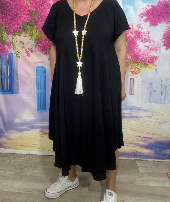 Robe trapèze mi-longue noire manches courtes volantées douceur ++++ du 38 au 50