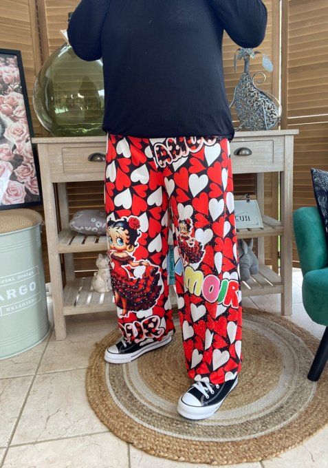 pantalon boule Coeurs rouges blancs Betty Boop Perles + Strass argentés  du 40 au 50/52
